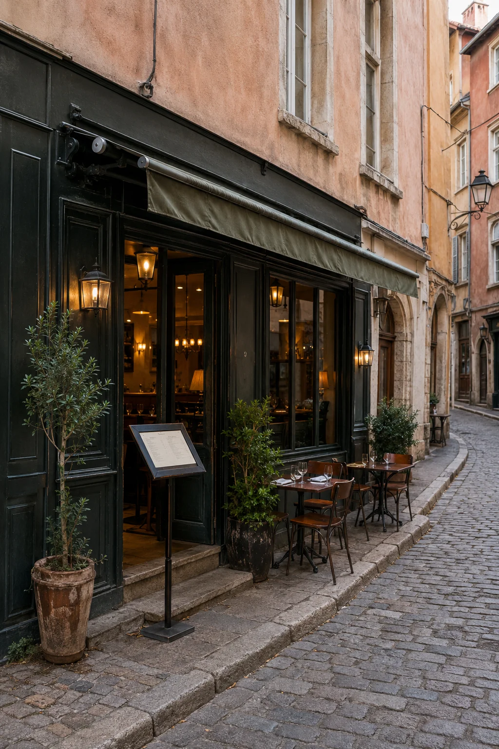 Salle de restaurant élégante préparée pour accueillir des clients